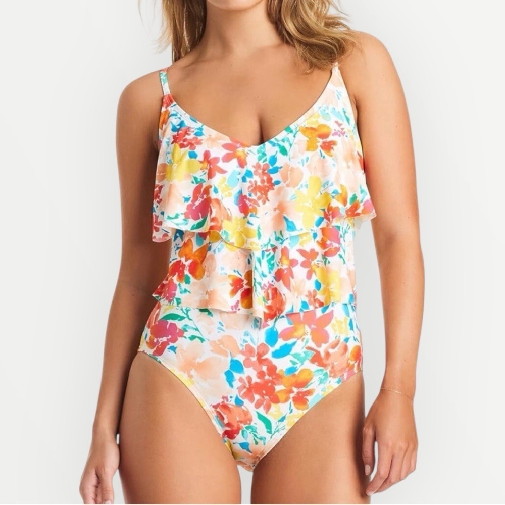 ELLEN TRACY Tiered Ruffled Floral One Piece Swimsuit White Multicolor NWT